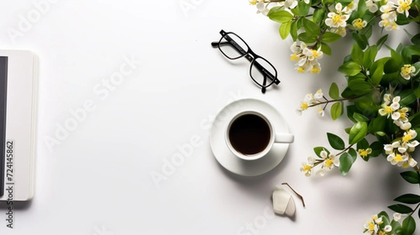 Obraz Empty notepad with coffee cup on white table,  Minimal style feminine workspace. Modern office desk with computer keyboard, coffee cup, glasses, notebook, envelope, blank paper card on white backgroun