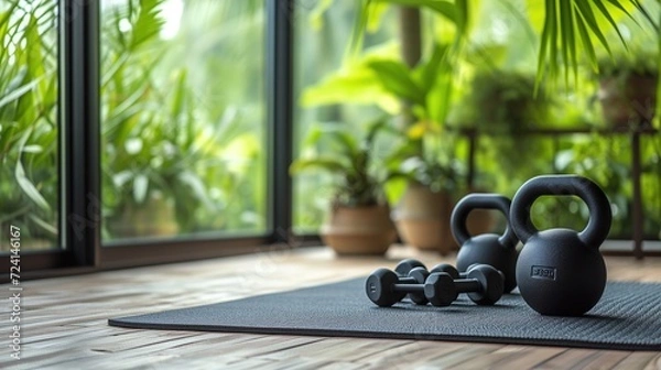 Obraz Home gym setup with kettlebells and dumbbells on yoga mat, lush garden view
