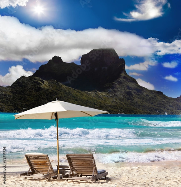 Obraz mountain, beach chairs and sea.