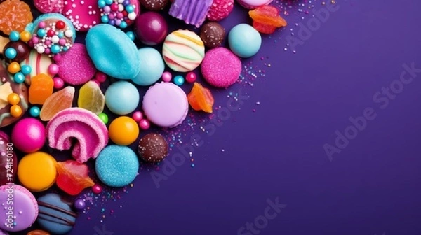 Fototapeta Colorful candies on purple background. Top view with copy space
