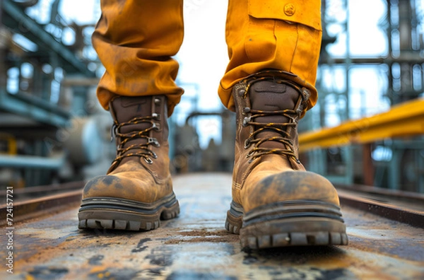 Fototapeta Factory worker wearing safety boots and hard hat working on site on a sunny day