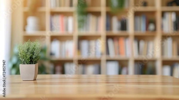 Obraz Potted plant on wooden table with bookshelf background, tranquil study space concept