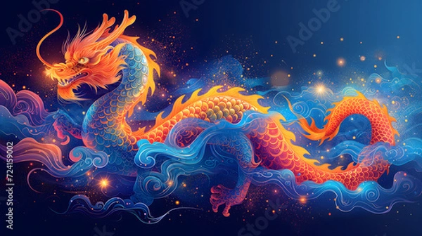 Fototapeta Abstract Illustration of Dragon Flying in Blue Clouds with Gold Glitter. Year of the Dragon 2024. Chinese new year.