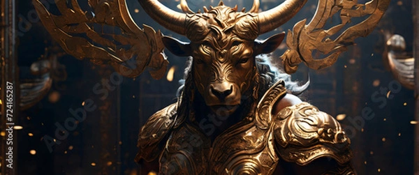 Fototapeta the intricate details of the Minotaur appearance. Its illusory gleam reflects a combination of silver and gold, giving it an ethereal and otherworldly presence. The Minotaur muscular body is adorn