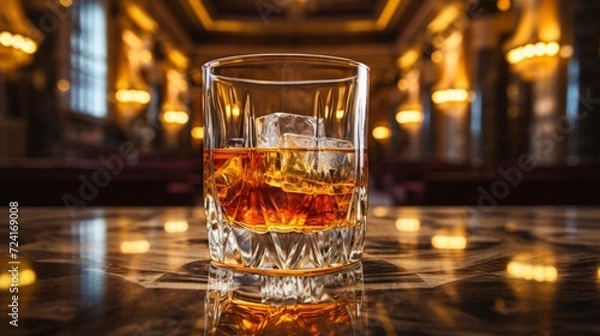 Fototapeta Glass of whiskey with ice cubes on a bar counter in a pub