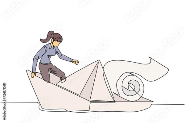 Fototapeta Continuous one line drawing businesswoman boarded a paper boat loaded with rolls of paper bills and almost drowned. Spending more than income. Large pegs than poles. Single line vector illustration
