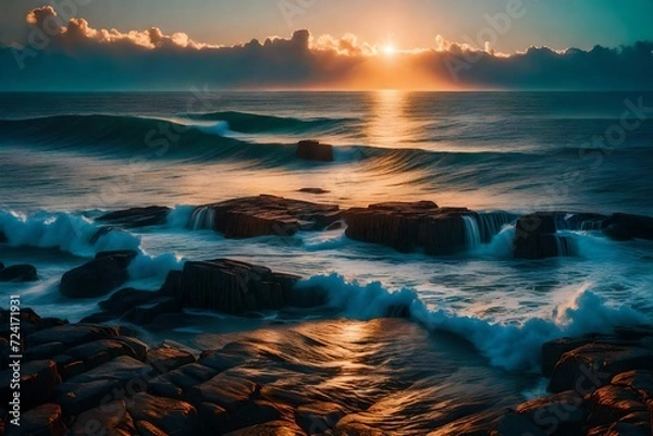 Fototapeta The first light of day breaking over the Atlantic coastline, the sky painted in vibrant colors, reflecting off the ocean's surface, creating a breathtaking landscape