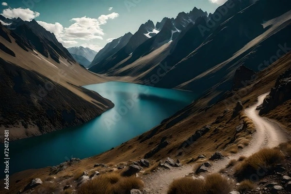 Fototapeta A striking mountain landscape, with a clear trail etched into the hillside, guiding one's gaze to a distant lake cradled by rugged peaks.