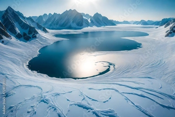 Fototapeta An aerial view of a sprawling frozen lake, surrounded by a circle of rugged, snow-covered mountains, the entire area bathed in the soft light of early morning
