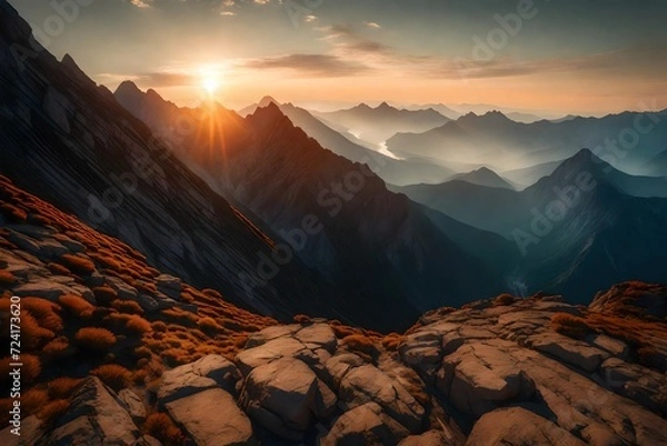 Fototapeta An awe-inspiring scene of a towering mountain under the gentle hues of morning, the rising sun illuminating its rugged contours.