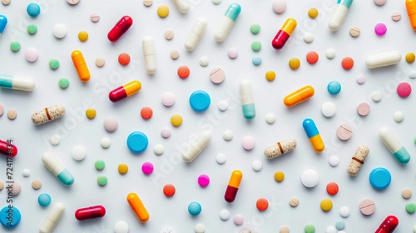 Fototapeta A flat surface with drugs, pills and medicines forming a pharmaceutical landscape. Visual composition of care and health with a variety of treatments available.