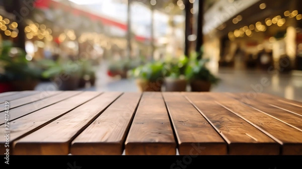 Fototapeta Wooden table blurred background of restaurant,  image of wooden table in front of abstract blurred background of resturant lights Empty tabletop in the coffe shop
