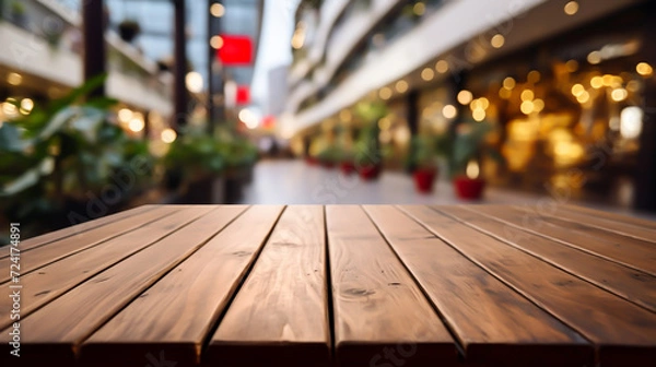 Obraz Wooden table blurred background of restaurant,  image of wooden table in front of abstract blurred background of resturant lights Empty tabletop in the coffe shop