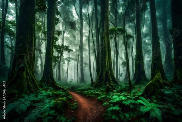 Fototapeta A mystical forest scene in Kerala, with tall trees partially obscured by early morning mist. The forest floor is lush and green, adding to the mystique.