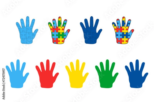 Fototapeta Vector colored children palms, palm made from puzzle pieces. Autism day awareness, children hand.