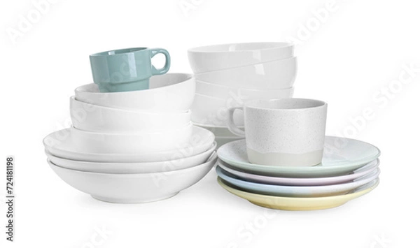 Obraz Beautiful ceramic plates, bowls and cups isolated on white