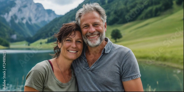 Fototapeta lovely beauty midaged couple in the nature, mountain and lake in europe