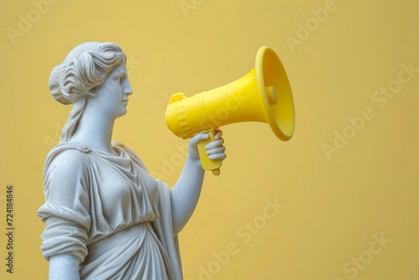 Fototapeta Greek statue holding loudspeaker screaming. Sculpture speaking loud in megaphone. Announcement, advertising, communication concept. Warning, announcement, notifying, free space for text