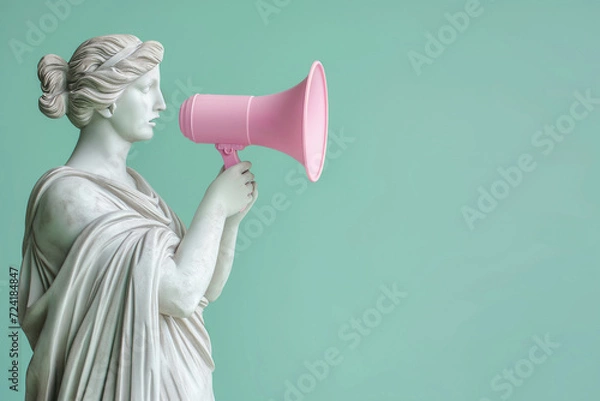 Fototapeta Greek statue holding loudspeaker screaming. Sculpture speaking loud in megaphone. Announcement, advertising, communication concept. Warning, announcement, notifying, free space for text