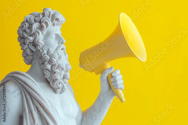 Fototapeta Greek statue holding loudspeaker screaming. Sculpture speaking loud in megaphone. Announcement, advertising, communication concept. Warning, announcement, notifying, free space for text