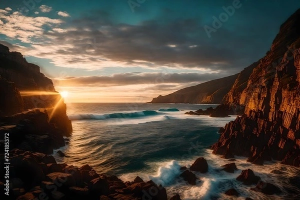 Fototapeta A serene landscape along the Atlantic Ocean, the sun rising in a burst of colors, illuminating the coast and casting a magical light on the surroundings