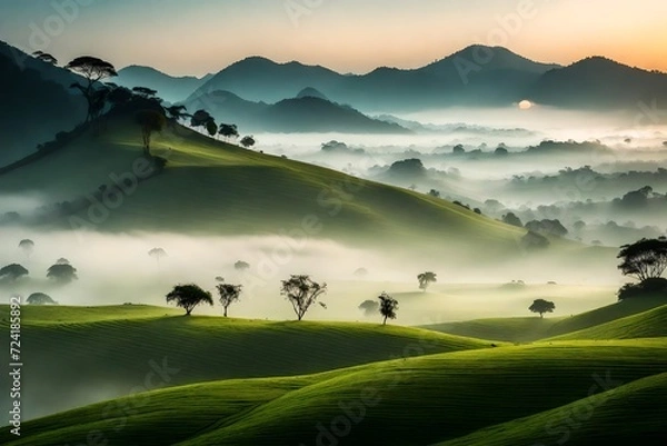 Fototapeta A serene landscape of rolling hills in Kerala, veiled in early morning mist. The foreground showcases dew-covered grass, leading to misty mountains under a soft dawn sky.