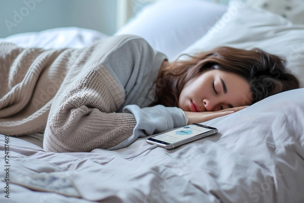 Fototapeta A woman sleeping in bed, next to her mobile phone with a specially installed sleep application, World Sleep Day