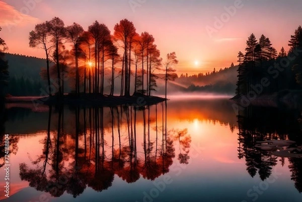 Fototapeta A tranquil lakeside scene as the sun dips below the edge of the forest, painting the sky with shades of orange and pink.