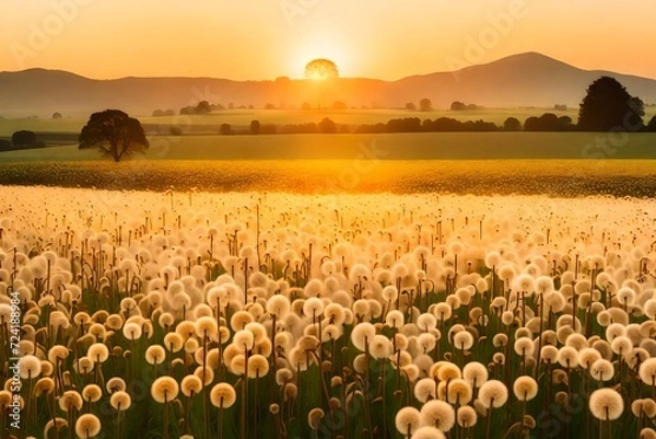 Fototapeta A picturesque rural morning, a field of dandelions under the soft hues of sunrise, with a tranquil sky and clouds over distant mountainous horizons.