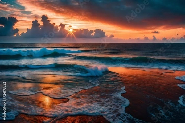 Fototapeta The awe-inspiring beauty of a colorful sunrise over the Atlantic coast, the sky's radiant hues creating a striking contrast with the calm ocean