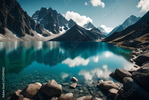 Fototapeta A pristine mountain lake, the water acting as a natural mirror to the surrounding peaks, the scene rendered with the lifelike quality and clarity of HD imaging, evoking tranquility