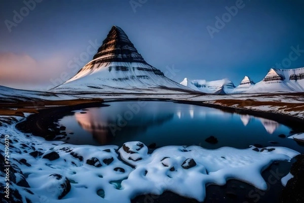 Fototapeta A mesmerizing evening view of Kirkjufell volcano, the sky's twilight colors creating a magnificent backdrop for the rugged landscape of the Snaefellsnes peninsula