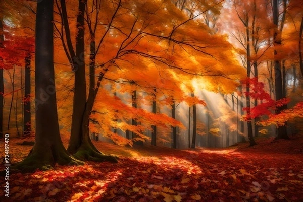 Fototapeta An autumn forest bathed in morning light, with sun rays piercing through the vibrant, colorful canopy of leaves. The ground is carpeted with fallen leaves in shades of red, orange, and yellow.