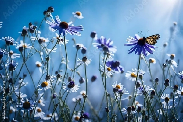 Fototapeta An artistic, wide-format landscape of wild chamomile flowers and purple wild peas with a butterfly gently perched, set in a morning haze.
