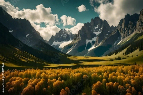 Fototapeta The grandeur of a rocky mountain meadow unfolds, with larch trees dotting the landscape and a towering mountain range in the distant horizon.
