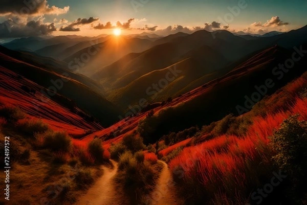 Fototapeta A panoramic view of mountains as the sun sets, the sky ablaze with fiery colors, casting long shadows over the verdant valleys and slopes