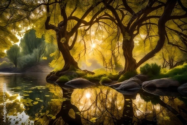 Fototapeta A breathtaking spring morning on Cameo Island, the sunlight filtering through the island's foliage, casting reflections on the gently lapping waters