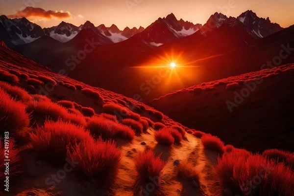 Fototapeta The sun dipping below the horizon, its last rays illuminating the mountain peaks in a spectrum of red and gold, the summer landscape tranquil and serene