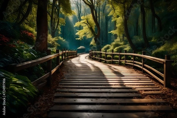 Fototapeta An enchanting park boardwalk, where the path takes you on a scenic journey through the heart of nature's beauty.