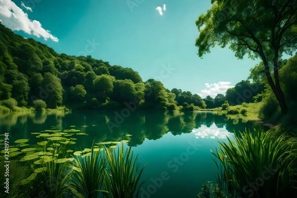 Fototapeta A serene summer lake nestled in a verdant natural landscape, the water reflecting the lush greenery and clear blue sky.