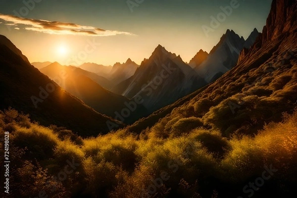 Fototapeta A stunning summer sunset casting a golden glow over a range of mountains, the landscape bathed in warm light, highlighting the lush greenery and rocky peaks