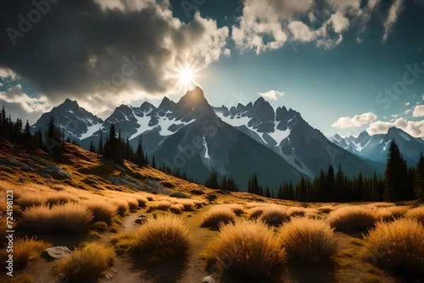 Fototapeta A breathtaking panorama of a rocky mountain meadow, with majestic larch trees and a distant mountain range painted against the sky.