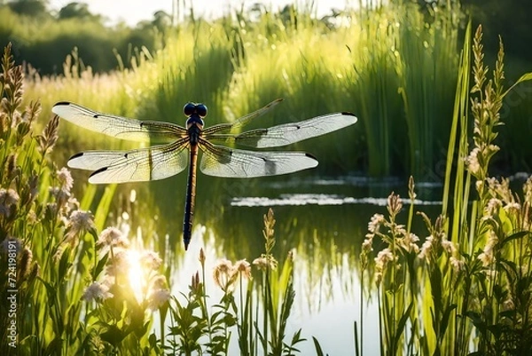 Fototapeta A graceful dragonfly hovering over a small, secluded lake, its iridescent wings shimmering in the sunlight, surrounded by wildflowers and reeds