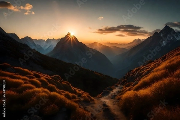 Fototapeta A serene depiction of a high mountain at dawn, with the first rays of sunlight casting a warm glow over the pristine natural surroundings.
