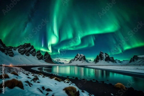 Fototapeta The mesmerizing dance of the green aurora borealis over a rugged snowy mountain ridge, with the serene expanse of Stockness Beach and the grandeur of Vestrahorn Mountain framing the scene