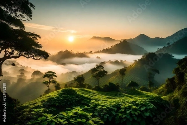 Fototapeta A breathtaking view of a misty mountain range in Kerala during sunrise. The sun's rays gently break through the mist, illuminating the green slopes and valleys.