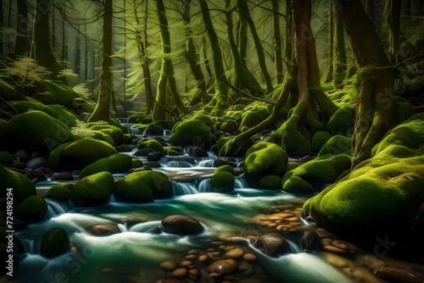 Fototapeta A serene forest landscape in spring, a crystal-clear stream meandering through, surrounded by budding trees and moss-covered river rocks