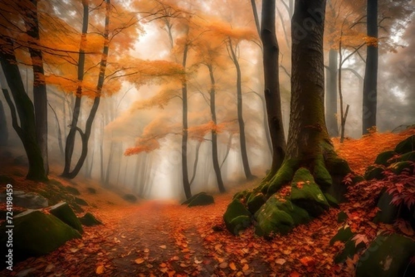 Fototapeta An autumn forest scene, shrouded in early morning fog, the colors of the leaves muted yet beautiful, casting a spell of peacefulness and awe