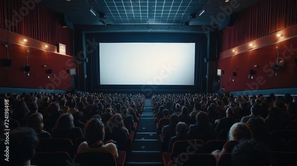 Obraz Cinema auditorium with seats and white screen on the wall. Cinema screen mock up