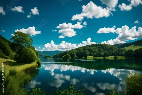 Fototapeta A picturesque summer lake, its calm waters mirroring the surrounding green hills and the azure sky above.